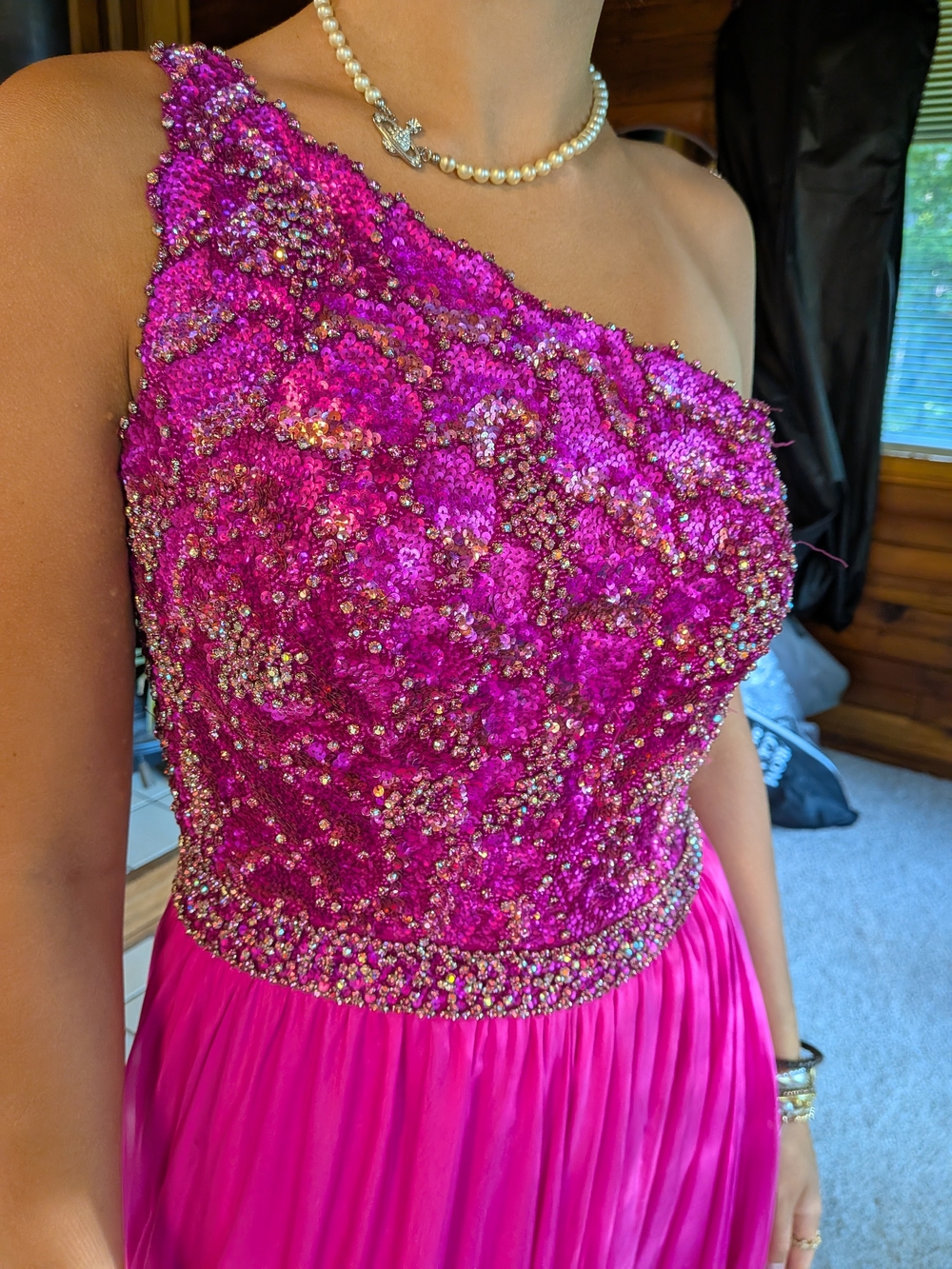 Women's One-Shoulder Hot Pink Sequin Evening Dress